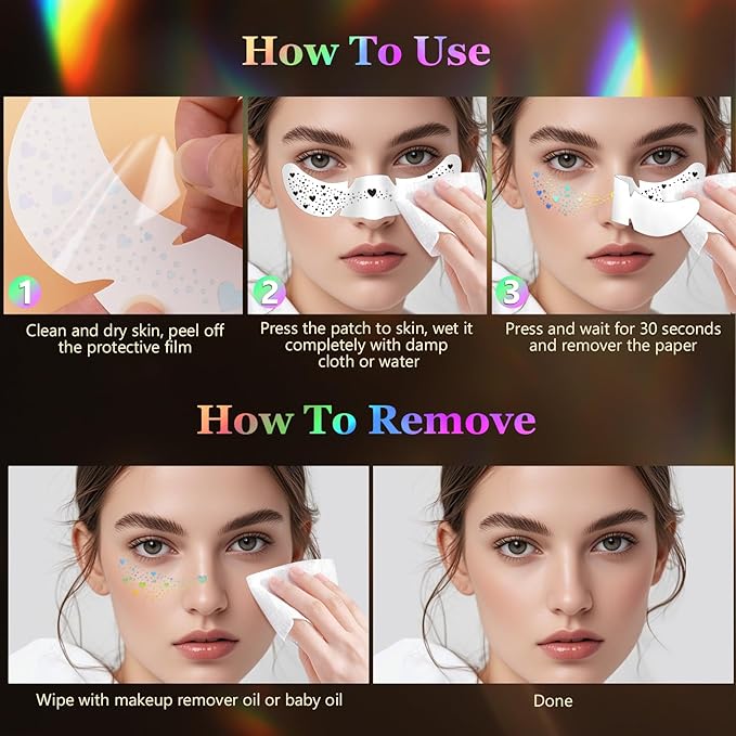 HyperFun 12Pcs Face Glitter Freckles, Face Glitter Fake Freckles Sticker, Holographic Multichrome Waterproof Sparkle Freckles Makeup Patches for Women Rave Festival Accessories Concerts Party Prom