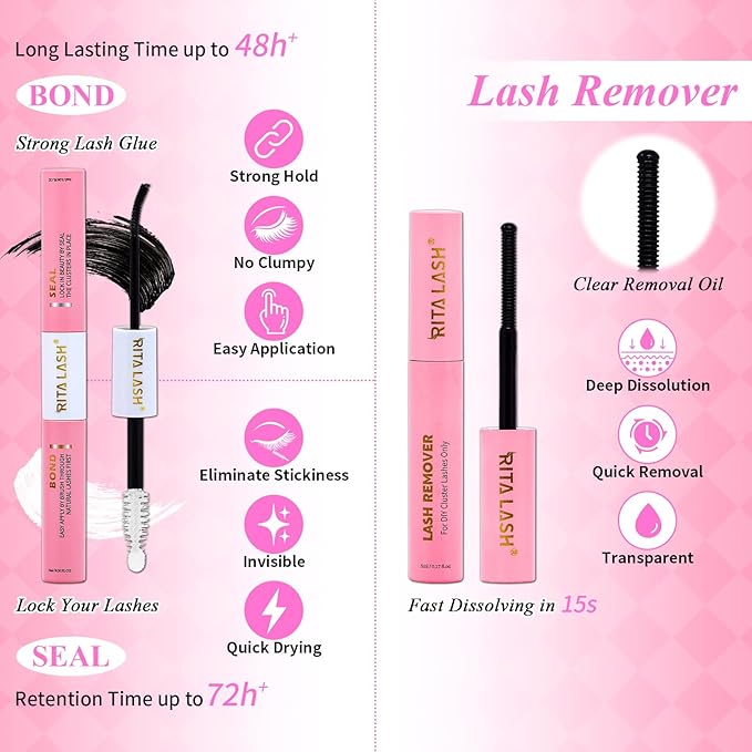 Lash Clusters Kit Eyelash Clusters Kit Cat Eye Lashes Large Pack Cluster Eyelash Extensions Lash Extension Kit Pestañas Postizas Naturales with Lash Bond&Seal,Remover,Tweezers,Cleanser(Lash Kit-5)