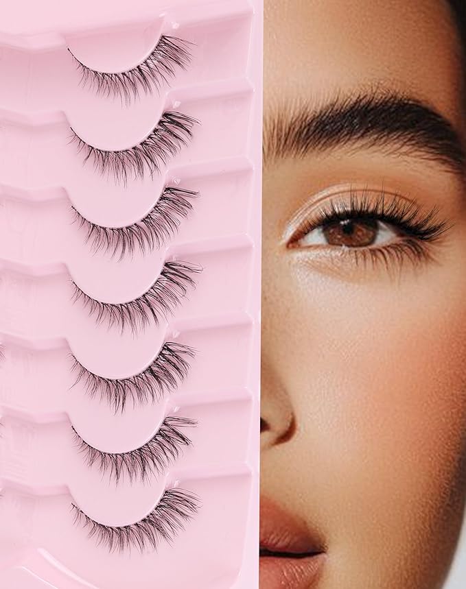 Short Cat Eye Lashes Clear Band False Eyelashes Wispy Natural Look Flared Strip Eyelash Soft Fluffy Lashe Pack 7 Pairs SF-10