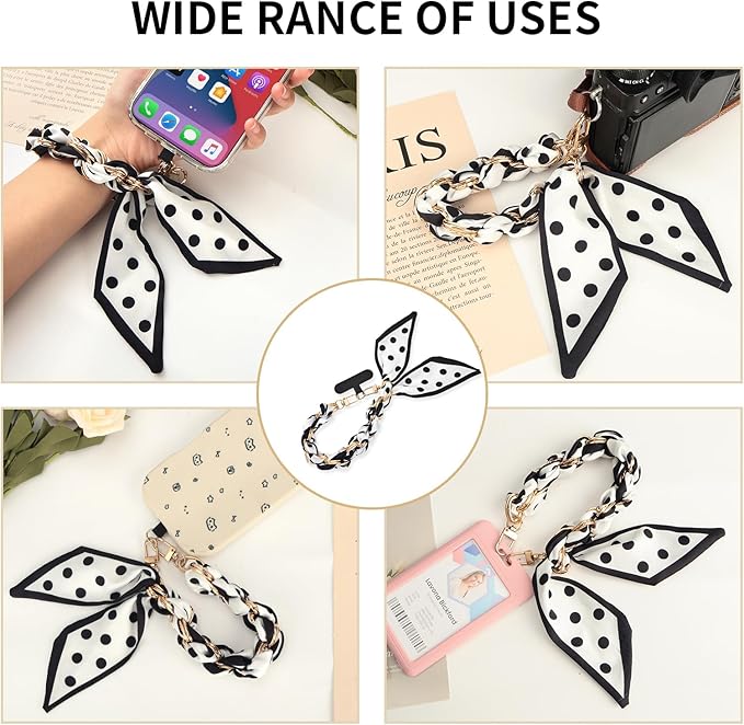 Fycyko Phone Wrist Strap with Gold Metal Scarf and Universal Tether Tab, Aesthetic Print Design Ribbon Chain, Multi-Purpose Accessories for Bag Key Cellphone for Men Women Girls-Black Polka Dot
