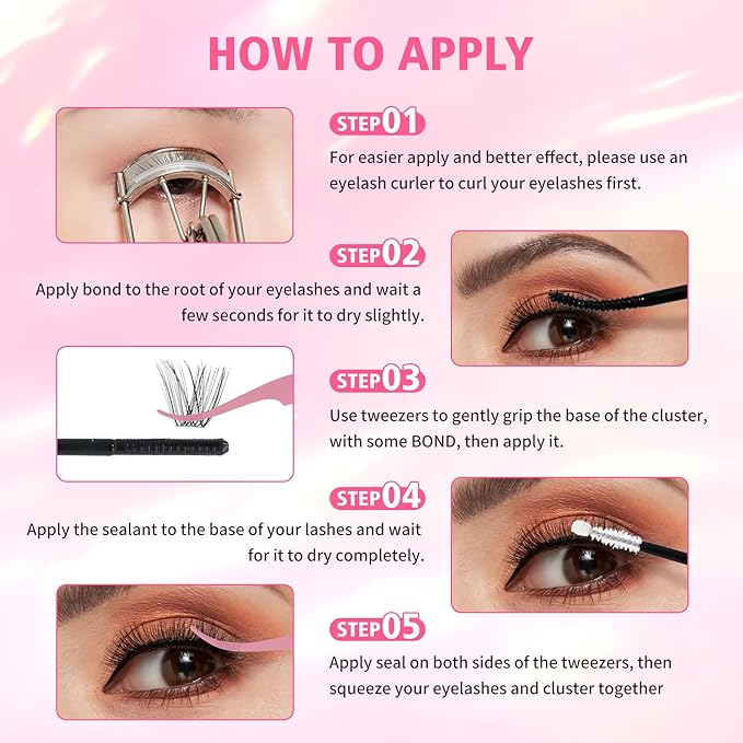 Gyinsoo DIY Lash Extension Kit "Sunday Stroll" - 132Pcs Wispy Manga Clusters (8-18mm) with Bond and Seal, Remover, Tweezers - D Curl Individual Lashes