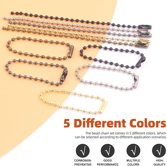Tantisc 250Pcs 5 Colors Metal Ball Beads Chain Kit, 2.4 x 100mm/0.09” x 3.94” Ball Bead Chain with Connectors, Dog Tag Chain Necklace Ball Chain Keychains for DIY Crafts