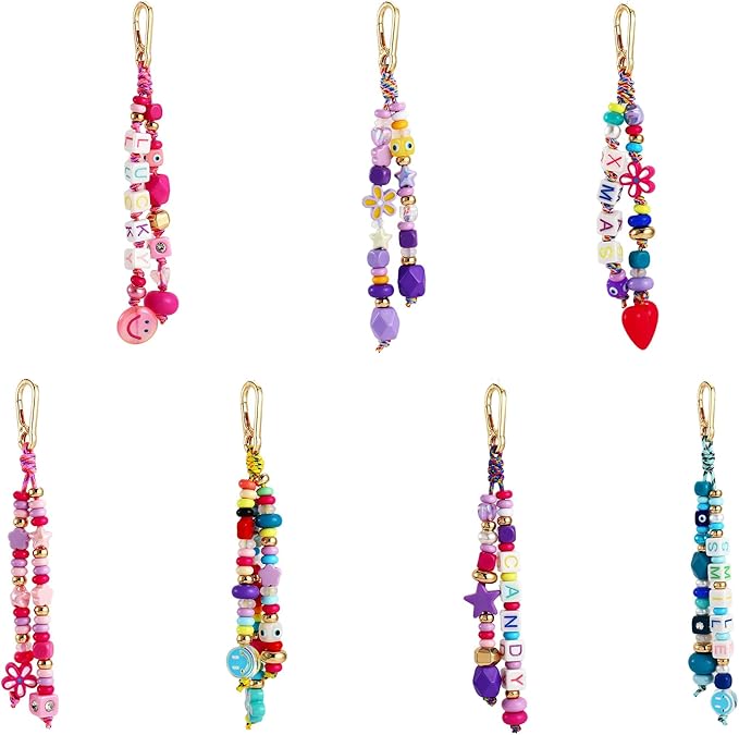 MYCUTEY DIY Keychain Making Kit-Beaded Keychain & Bag Charm Craft Supplies with Keyrings,Cords and Colorful Letter,Star,Heart,Beads,Personalized Name Making Kit Gifts for Kids Girls Women