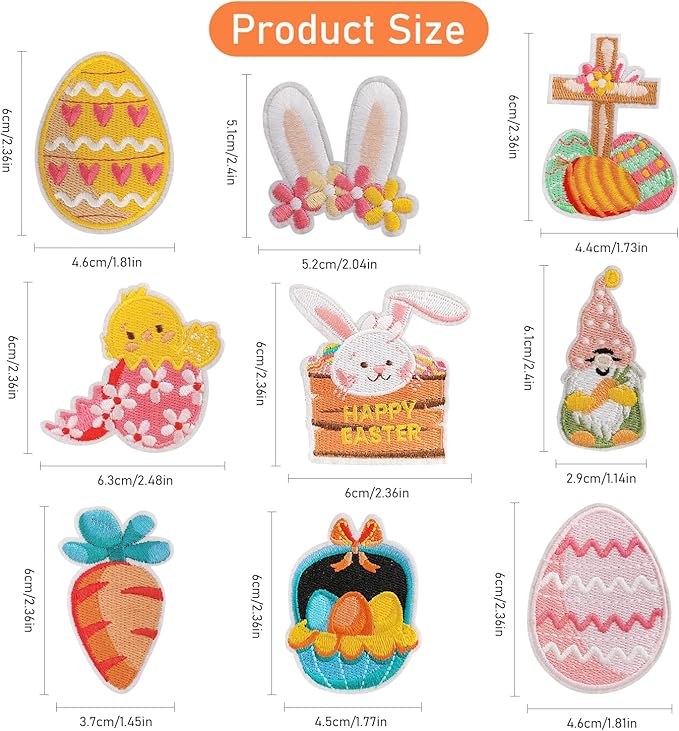 WILDREEDS 9 Pieces Assorted Styles Easter Iron on Patches, Embroidered Patch for Clothing, T-Shirt, Backpacks, Hats, Jeans, Jackets