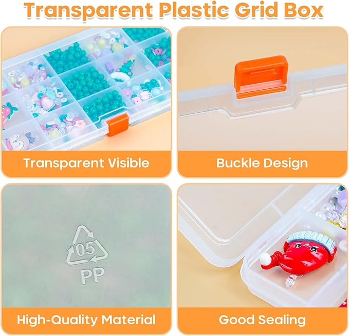 4PACK Extra Thick Bead Organizers and Storage Box, 15 Grid Mini Clear Jewelry Making Storage Solutions Plastic Organizer Case Craft Containers for Nail Rhinestones DIY Diamond Accessories