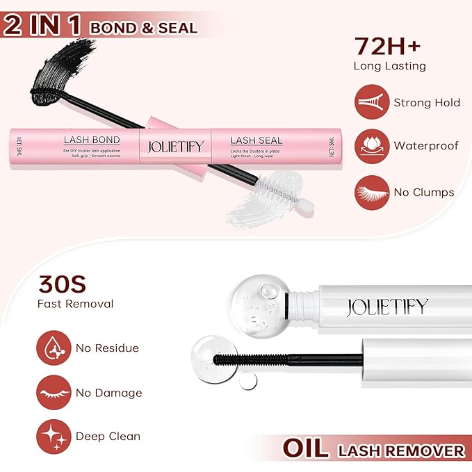 JOLIETIFY Lash Extension Kit, Manga Style, Dense Volume, Soft & Fluffy, Faux Mink 8-18mm Cluster Lashes, Reusable Individual Lashes with Waterproof Bond & Seal, Tweezers & Remover, DIY for Beginners