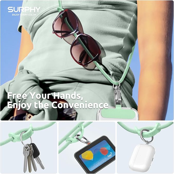 SURPHY Phone Lanyard, Adjustable Phone Strap Crossbody with 2 Pack Phone Tether Tab, Premium Metal Buckles, Skin-Friendly, Universal Cell Phone Lanyard Crossbody for Women and Men, Green