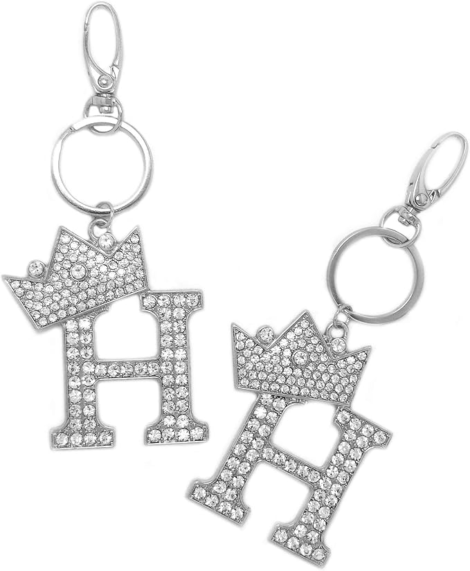 CBC Crown Crystal Rhinestone Letter Initial Keychain, Gold Metal, Bag Charm with Key Ring Approx. 2.17" x 2.56"