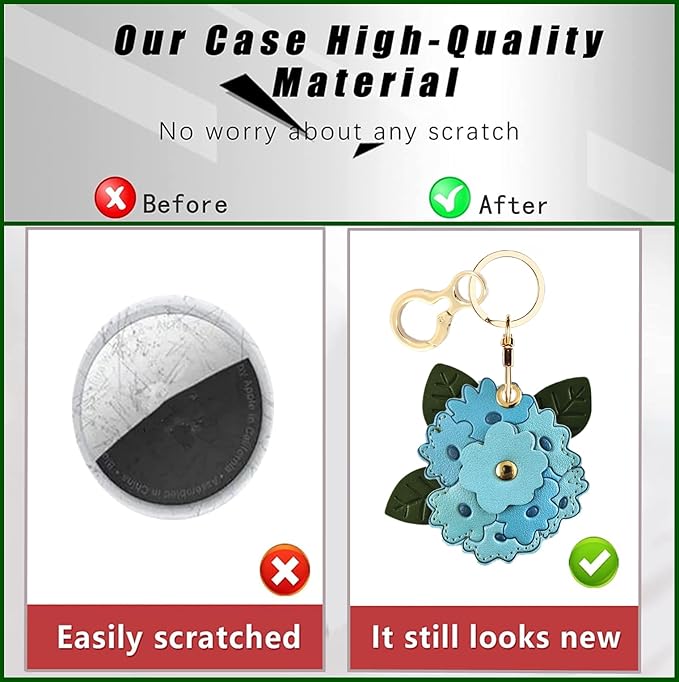 Leather Keychain Holder Case Compatible with AirTag,Cute Protective Apple Air Tag Cover with Keychain Ring,Anti-Scratch Finder GPS Tracker Case for Wallet Keys,Bag,Pets(Blue Hydrangea)