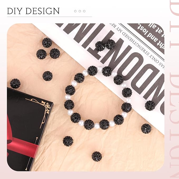 200 Pcs Black Rhinestone Beads for Jewelry Making, Sparkle Crystal Clay Christmas for Bracelet Baseball Necklace Earring Crafting and DIY, Shiny Round Shamballa Disco Ball Beads Bulk