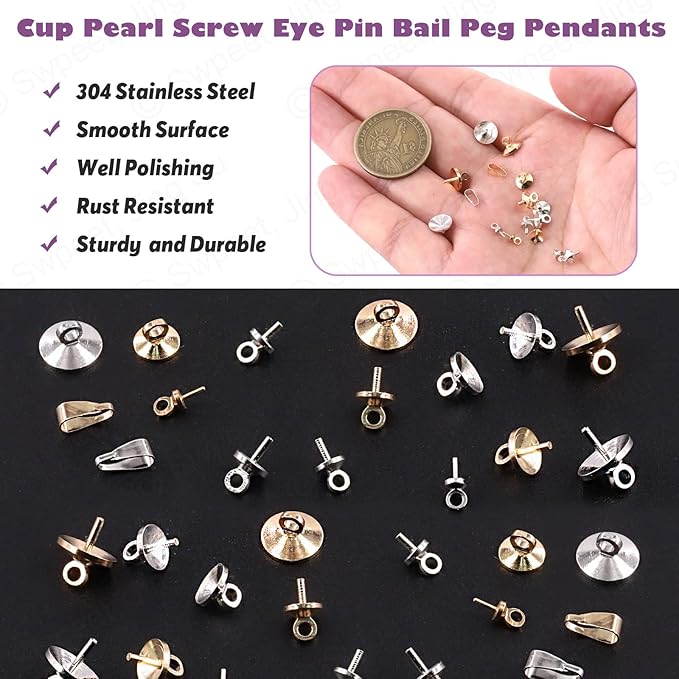 Swpeet 680Pcs Gold and Sliver 3mm 4mm 5mm 6mm 8mm Cup Pearl Screw Eye Pin Bail Peg Pendants with 7mm Pendant Charm Clasps Connector Kit, Perfect for Half-drilled Beads Jewelry Making