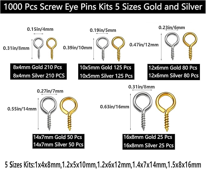 1000 Pcs Small Screw Eye Pin Jewelry Making Eyelet Hook Kits for Craft 5 Sizes Silver and Gold (4x8mm,5x10mm,6x12mm,7x14mm,8x16mm)