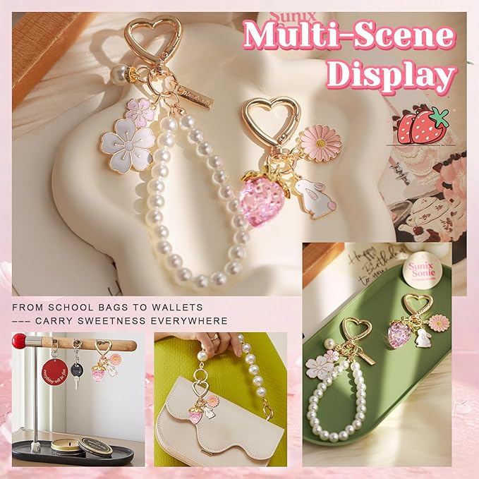2Pcs Strawberry Keychain Flower Cherry Blossom Keychain Cute Bag Charms Strawberry Gift for Women Girls