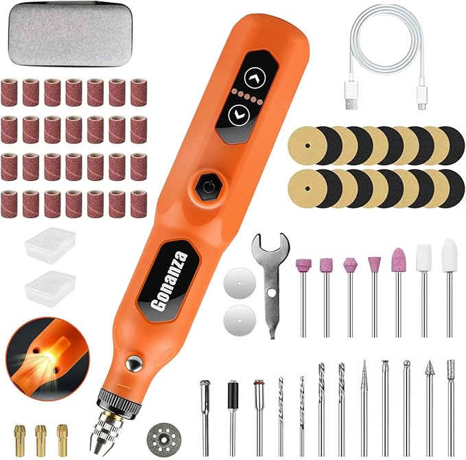 GONANZA Mini Cordless Rotary Tool Kit with Case & 78 Pcs | 5-Speed Variable Speed, LED Light | USB-C Rechargeable for Grinding, Polishing, Engraving, Sanding & Detailed DIY Crafts