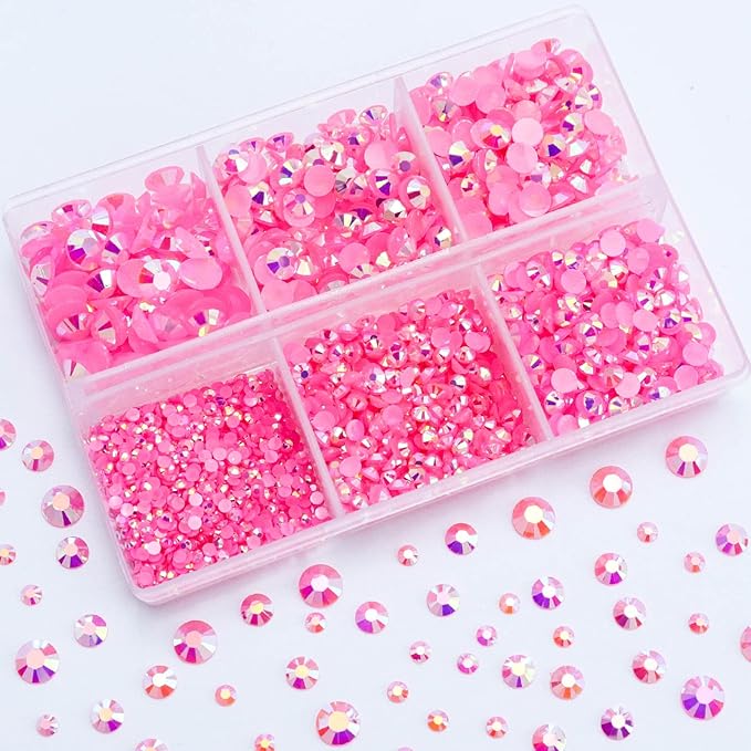 3000PCS Resin Flatback Rhinestone, 2mm 3mm 4mm 5mm 6mm Dark Pink AB Flatback Jelly Resin Rhinestones for Tumblers, Mugs, Bottles, Craft Decoration, Loose Bling Glitter Gem Stone