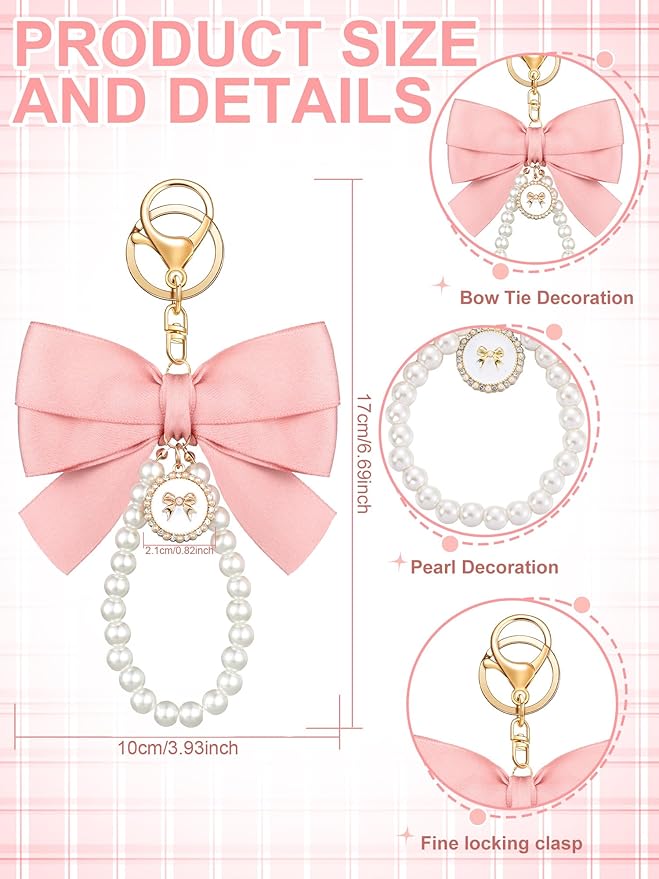 Sureio Pink Bow Keychain Coquette Pearl Bowknot Keyring Bulk Wristlet Keychain Vintage Ribbon Purse Charm for Women Handbags