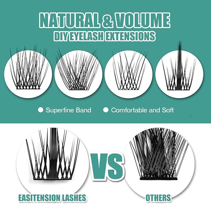 DIY Eyelash Extension, 3D Effect Glue Bonded Band Individual Lash 48 Clusters Volume Lashes Set, Home Eyelash Extension, C curl Lashes Pack 16MM-Spikes-48 Clusters