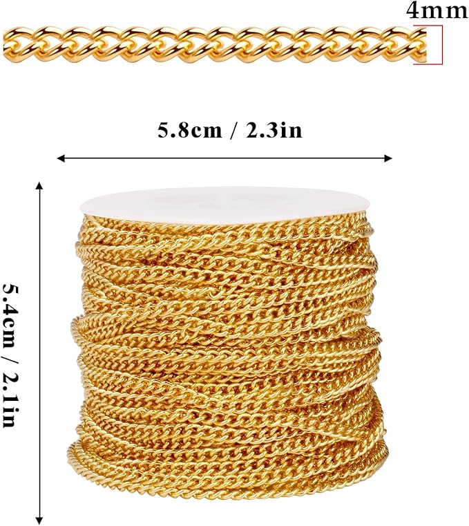 33FT 18K Gold Plated Stainless Steel Curb Chain Roll, 4mm 304 Stainless Steel Flat Twisted Links Curb Chains Bulk Spool for Jewelry Making Necklace DIY Craft