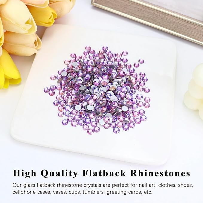 1440PCS SS6 Crystal Glass Flatback Rhinestones, Round Flat Back Crystal Gems for Nail Art and Craft Clothes, Glue Fix Diamond Stones Air Violet (1.9-2.0mm)