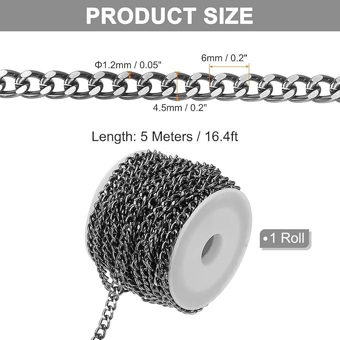 PATIKIL 16.4Ft Aluminium Curb Chains Twisted Links, 6x4.5mm Curb Chain Spool Jewelry Making Chains Craft Chain for Necklace Bracelet Earring, Black
