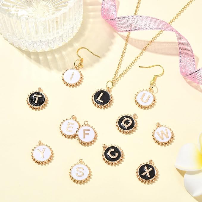 Stiesy 52 Pcs Black & White Enamel Letter Charms Flat Round with Letter A~Z Charm Pendants Bulk for Women Jewelry Making Crafting DIY Necklace Earring Presents