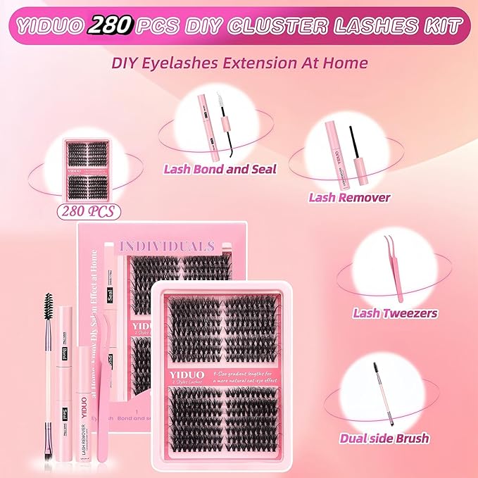YIDUO Lash Clusters Kit 40D+50D 10-16mm Cat Eye Eyelash Extensions Kit Volume Wispy C/D Curl Left & Right Individual DIY Lash Extension Kit with Glue |Tweezers |Removers |Eyelash & Eyebrow Brush