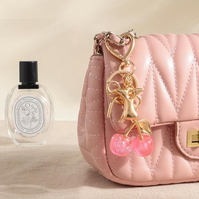 Snycler Bubble Initial Keychain with Cherry & Bow - Gold Letter Bag Charms for Women, Cute Purse Handbag Accessories