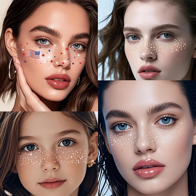Boko 10Pcs Face Glitter Freckles, Gold Freckle Temporary Tattoos for Girl Women Freckle Makeup, Waterproof Metallic Glitter Makeup Patches for Festival Concert Party Rave Accessories