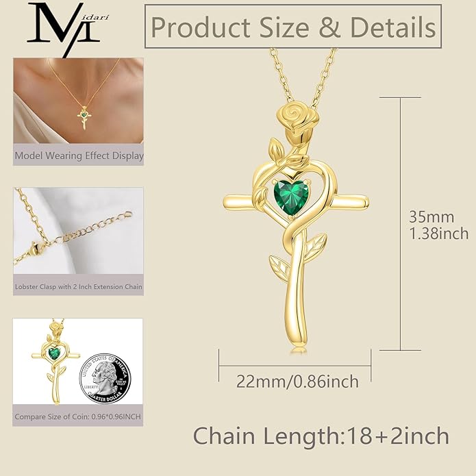 Midari 18K Yellow Gold Cross Pendant Rose Birthstone Necklaces for Women Christian Cross Jewelry with 12 Months Birthstone Birthday Gifts for Wife Her Daughter Mom