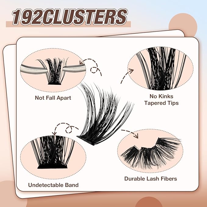 AILAISHI Lash Clusters Kit, DIY Cluster Eyelash Extensions 10‑20mm, 100D, 192pcs Fluffy D Curl Natural Lashes with Bond & Seal,Remover,Tweezers – Fake Cat Eye Individual Clusters