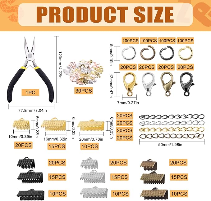 Tanstic 771Pcs 4 Colors Ribbon Ends Fastener Clasps Kit, Bookmark Pinch Crimp Ends with Jump Rings, Lobster Claw Clasps, Chain Extenders, Pendant Charms and Jewelry Pliers for DIY Crafts