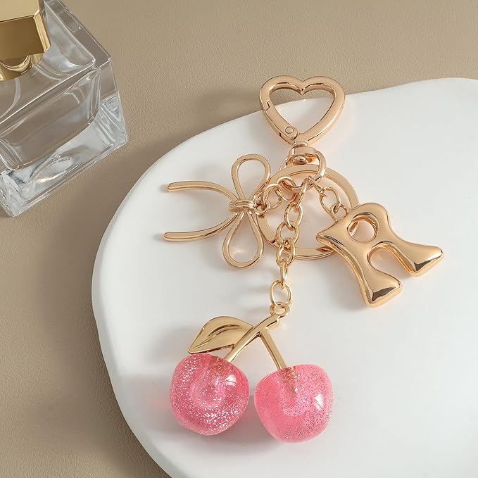 Snycler Bubble Initial Keychain with Cherry & Bow - Gold Letter Bag Charms for Women, Cute Purse Handbag Accessories