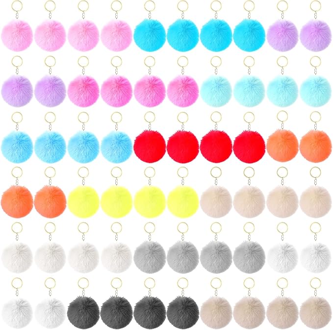 60 Pcs Colorful Pom Poms Keychains Fluffy Ball Bag Keychain Faux Fur Keyring Christmas Party Gifts Bulk Pink Backpack Charms Accessory for Women for Handbag Tote Bag Pendant Purse