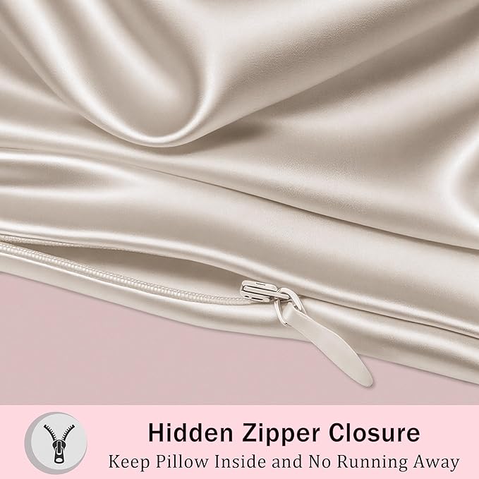 Mulberry Silk Pillow Cases with Zipper, Ultra Smooth Soft Breathable Cooling Pillow Cases for Hot Sleepers, Silk Satin Pillowcase for Hair and Skin, Gifts for Women (Beige, Queen Size, 1 Pack)