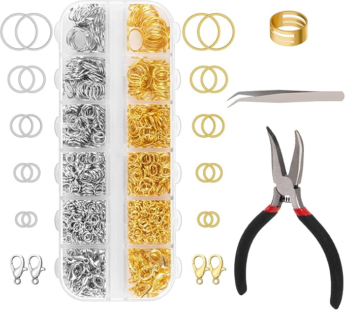 1200 Pcs Jump Rings for Jewelry Making Supplies, Necklace Repair Kit with Open/Close Tools, Pliers, Tweezers, Lobster Clasps, Jewelry Jump Rings for Crafts and Key Chains (Silver and Gold)