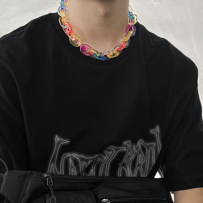 Punk Acrylic Colorful Leopard Print Clear Chain Necklace Rainbow Thick Paper Clip Necklace for Women Men Gift Hip Hop Geometric Bar Jewelry