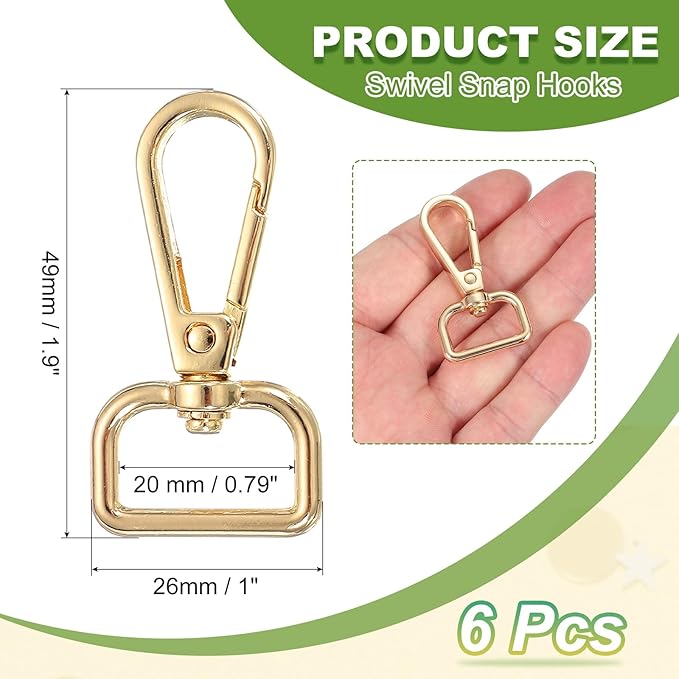 Swivel Snap Hooks, Metal D Ring Keychain Lanyard Clip Hook Lobster Clasp Claw Push Gate Clip - Fitting for(Purse Making - Sewing - DIY Crafts) 6 Pcs & 3/4" & Light Gold