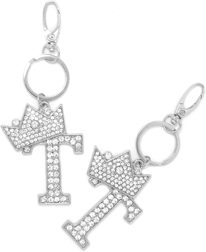 CBC Crown Crystal Rhinestone Letter Initial Keychain, Gold Metal, Bag Charm with Key Ring Approx. 2.17" x 2.56"