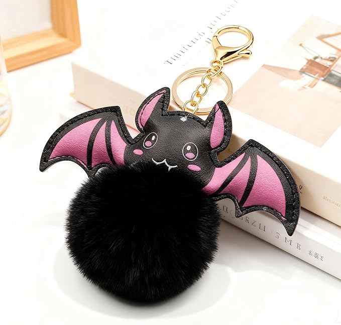 Cute Pom Pom Keychain Plush Leather Bat Keychain Halloween Bag Charms Purse Charms for Handbags Gifts for Women