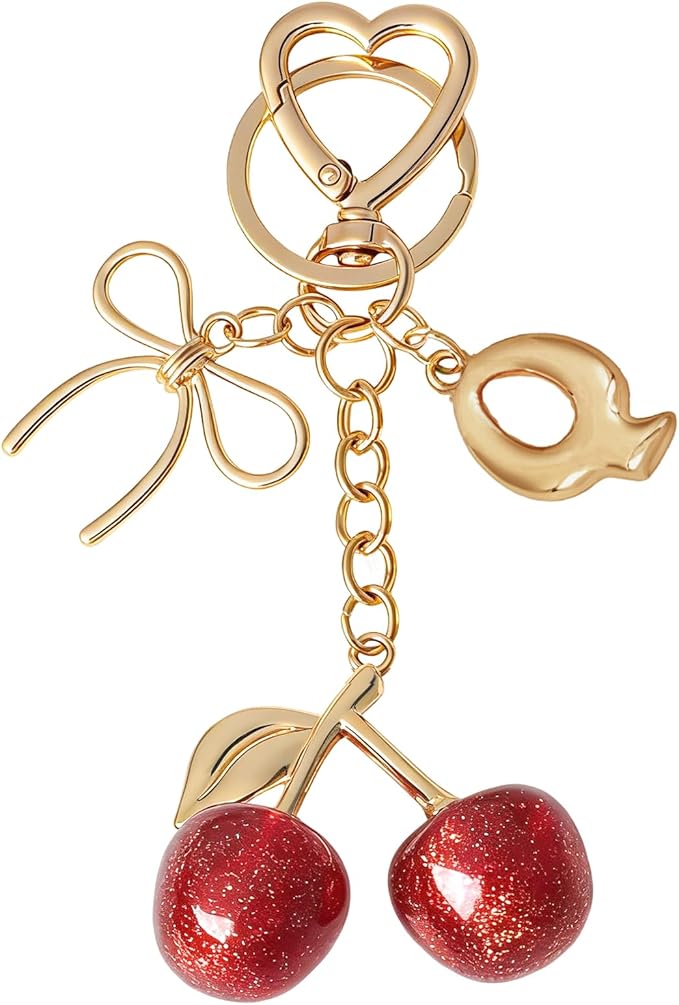 Snycler Bubble Initial Keychain with Cherry & Bow - Gold Letter Bag Charms for Women, Cute Purse Handbag Accessories