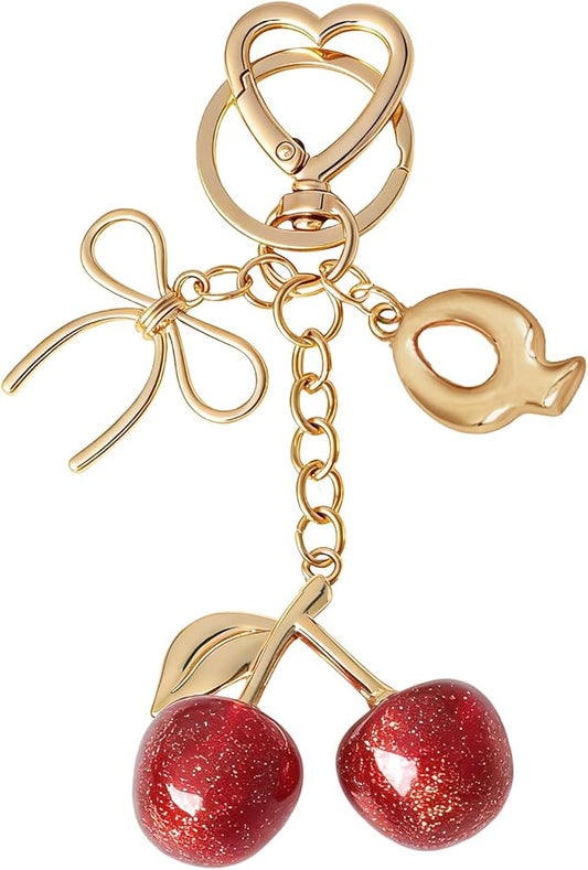 Snycler Bubble Initial Keychain with Cherry & Bow - Gold Letter Bag Charms for Women, Cute Purse Handbag Accessories