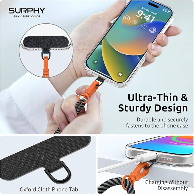 SURPHY Phone Lanyard, Adjustable Phone Strap Crossbody with 2 Pack Cell Phone Tether Tab, Premium Metal Buckles and Two-Color Braided Cell Phone Lanyard Crossbody for Women and Men, Black & Grey