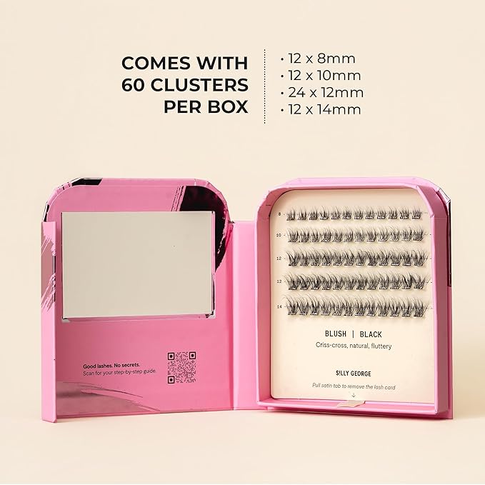 Silly George Pop-On Lashes - DIY 1-Step Pre-Glued Faux Eyelash Clusters, Natural Look Extensions, Black - Blush, 5-7 Pair Set, Pack of 60 Clusters