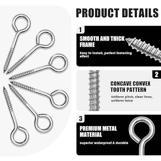 20PCS 6 inches Screw Eyes M10 304 Stainless Steel Eye Screws, Heavy Duty Screw, Eye Hooks Screw Eye Bolts Eye Hooks Screw, Indoor & Outdoor Uses (20, M10-6inch)