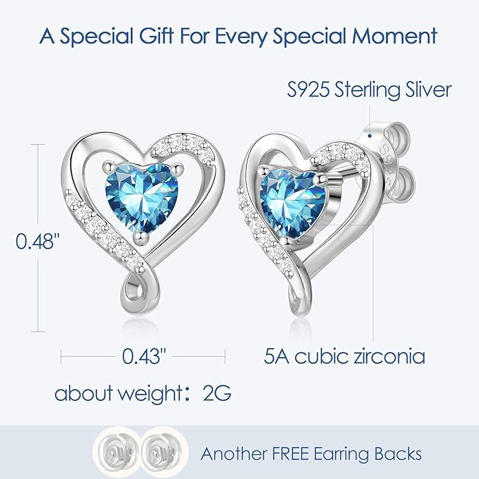 Zifeel Earrings for Women, S925 Sterling Silver Rose Gold Birthstone Heart Studs Earring for Girlfriend Wife, Anniversary Birthday Christmas Valentines Mothers Day Gifts Jewelry for Women Wife Her Mom