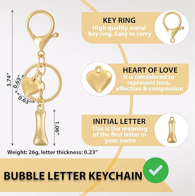 Heart Bubble Letter Keychain for Women, Girls - Cute Keychain with Initial - Alphabet Keychain for Bag Charm, Handbag