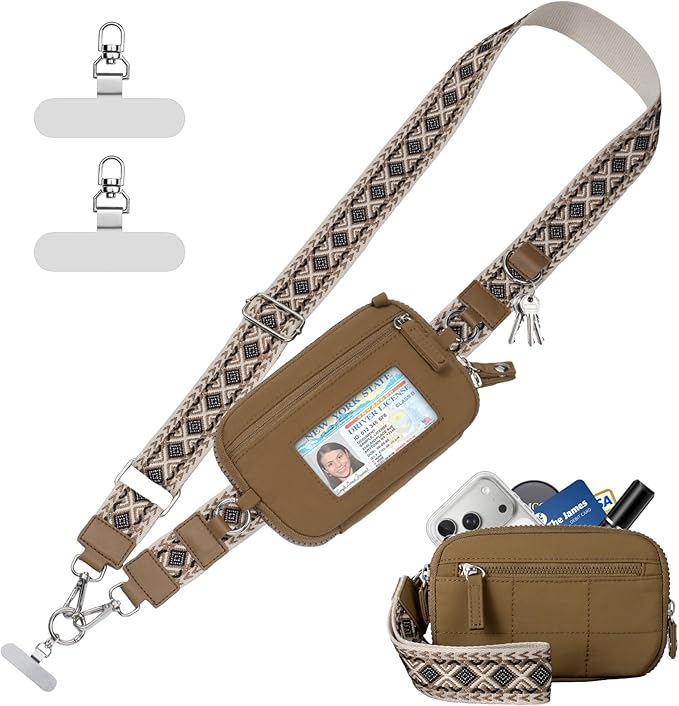 Clip and Go Strap for Phone with Wallet Crossbody Phone Lanyard with Anti-Theft Zipper Pouch Detachable Quilted Wrist Wallet with RFID and ID Window for Daily Travel. Brown Large
