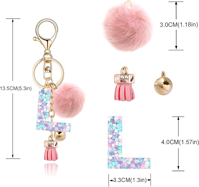 Resin Alphabet Initial Letter Keychain Keyring for Women Purse Handbags With Fur Ball Pom