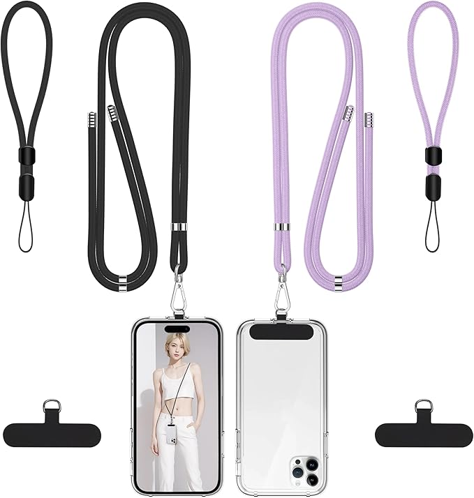 takyu Phone Lanyard, 2 Pack Adjustable Cell Phone Lanyard Crossbody Neck Strap & 2 Pack Phone Wrist Strap with Tether Tabs Compatible for iPhone Android Smartphones-Black Purple