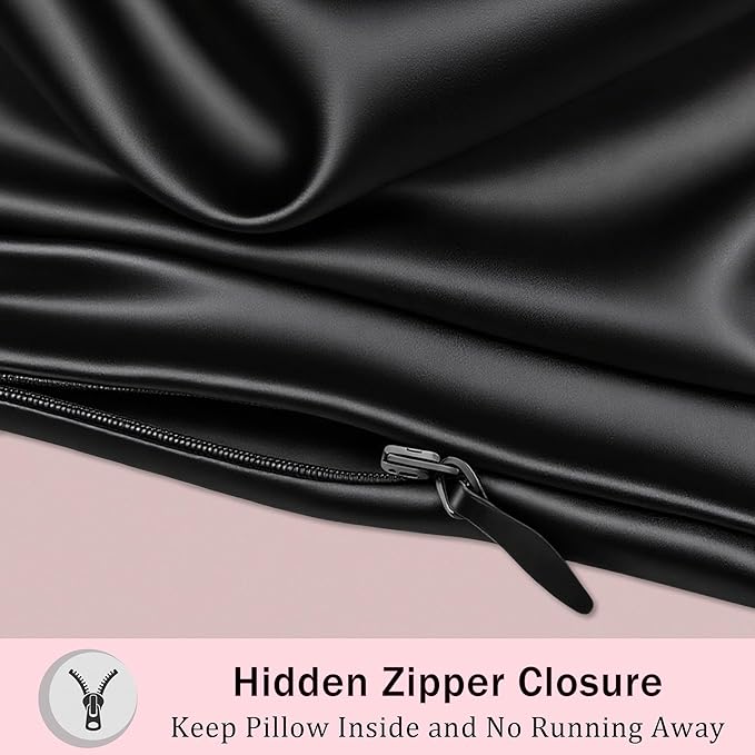 Mulberry Silk Body Pillow Pillowcase with Zipper, Ultra Smooth Soft Breathable Cooling Pillow Cases for Hot Sleepers, Silk Satin Body Pillow Cover for Hair and Skin (Black, 20×54 Inches, 1 Pack)